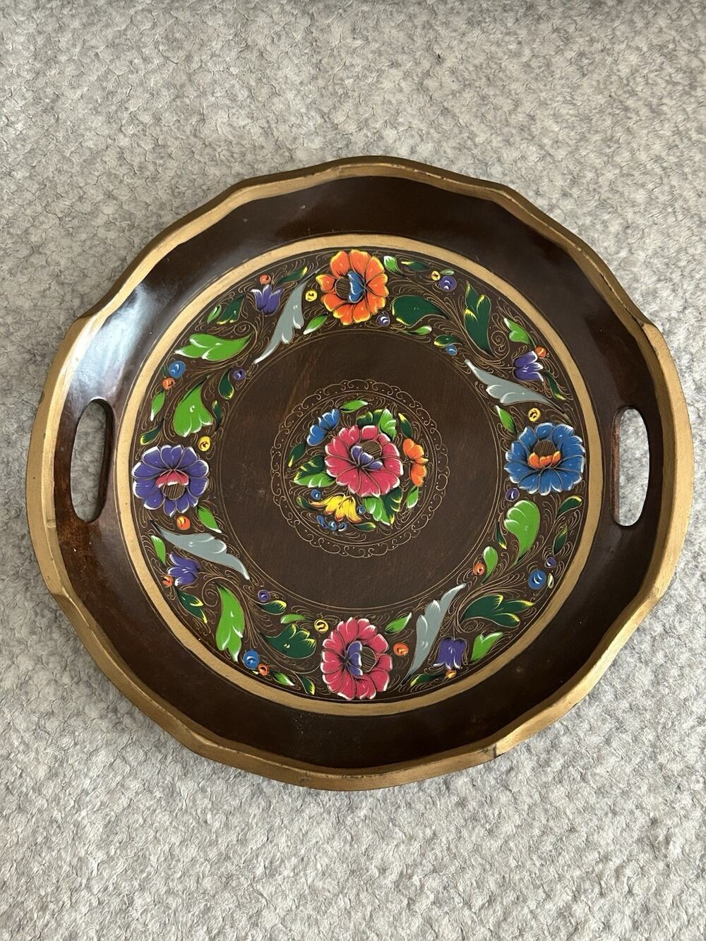 Vintage Hand-Painted Floral Wooden Round Serving Tray Multicolor Folk Art